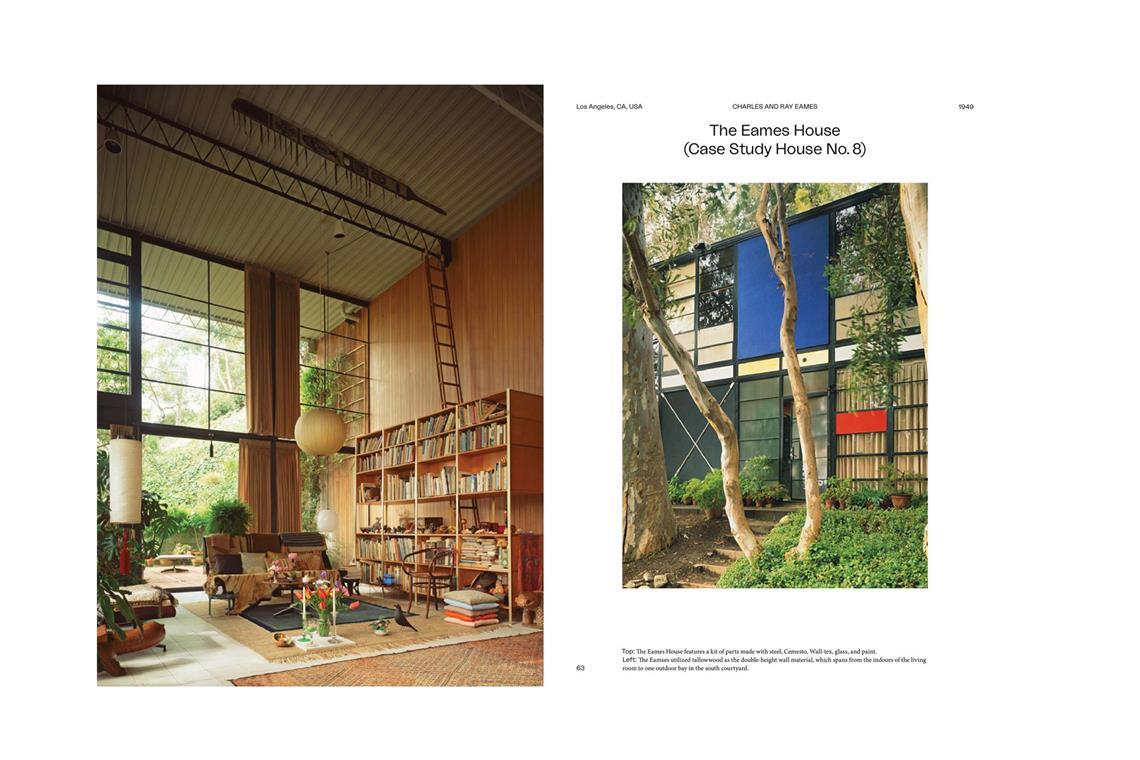 . . . wichtige architektonische Privatbauten bekannter Architekten in Bild und Text vorstellt. Hier ein Blick ins Buch,auf den Seiten 62 und 63 wird das Eames House „Case Study House No 8“ von Charles und Ray Eames aus dem Jahr 1949 in Los Angeles präsentiert.