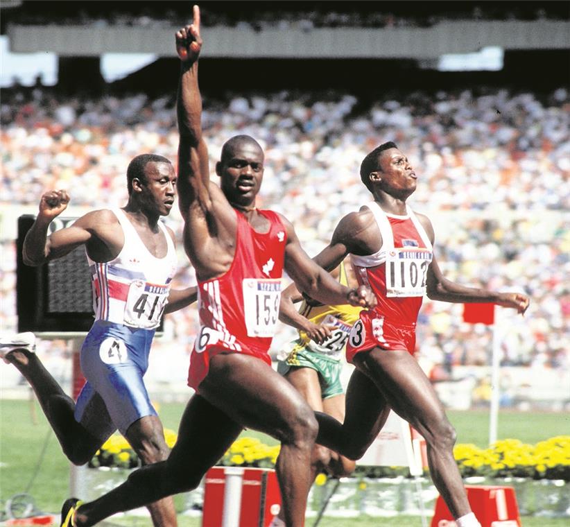 1980 in Backnang noch ein unbekannter kanadischer Sprinter, stand Ben Johnson später für Weltrekorde und den vielleicht größten Doping-Skandal der Sportgeschichte. Der Olympiasieg 1988 in Seoul vor Carl Lewis (rechts) und Linford Christie (links) wurde ihm kurz darauf aberkannt.Foto: Imago