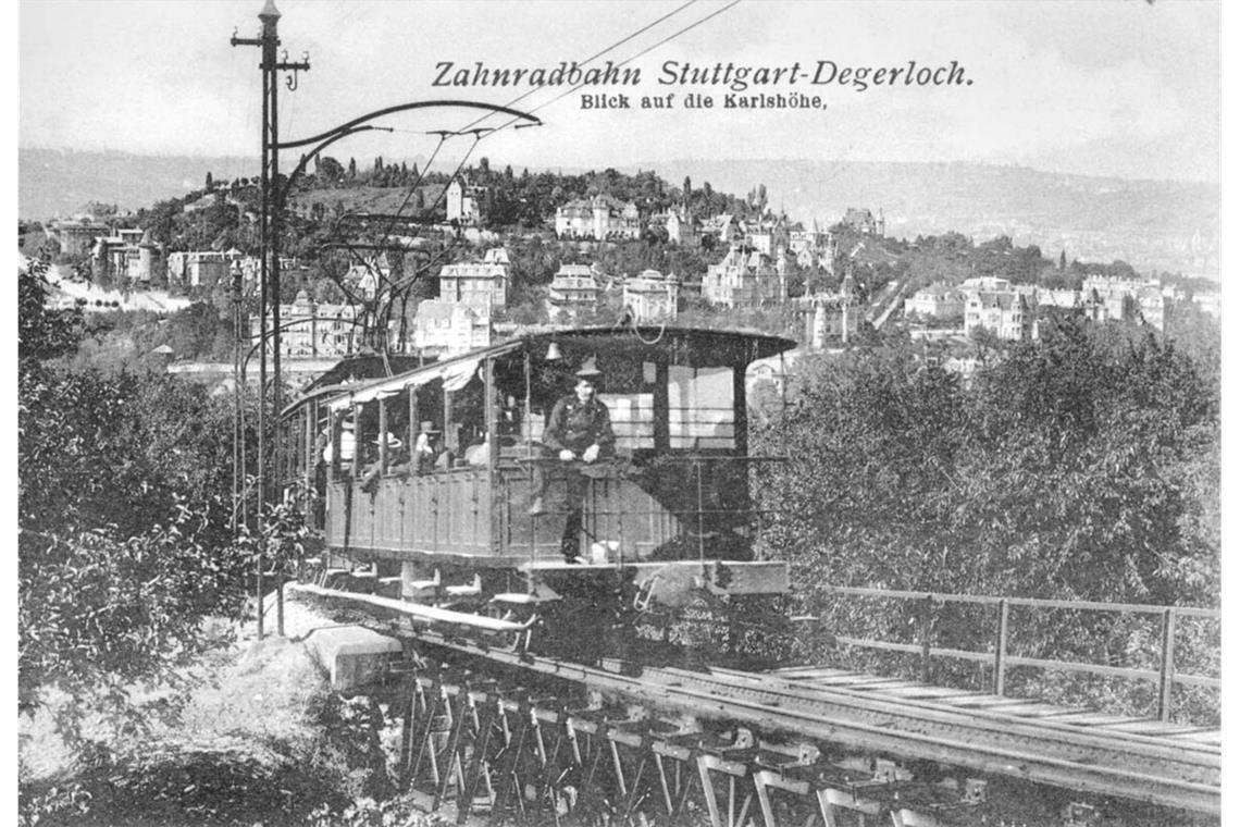 Ab 1902 ging es sauber und elektrisch zu. Die Zahnradbahn auf dem Weg nach Degerloch, im Hintergrund ist die Karlshöhe zu sehen.