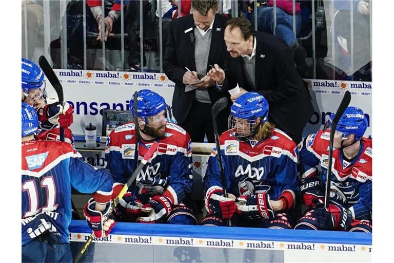 Adler Mannheims Spieler reden. Foto: Uwe Anspach/dpa/Bildarchiv