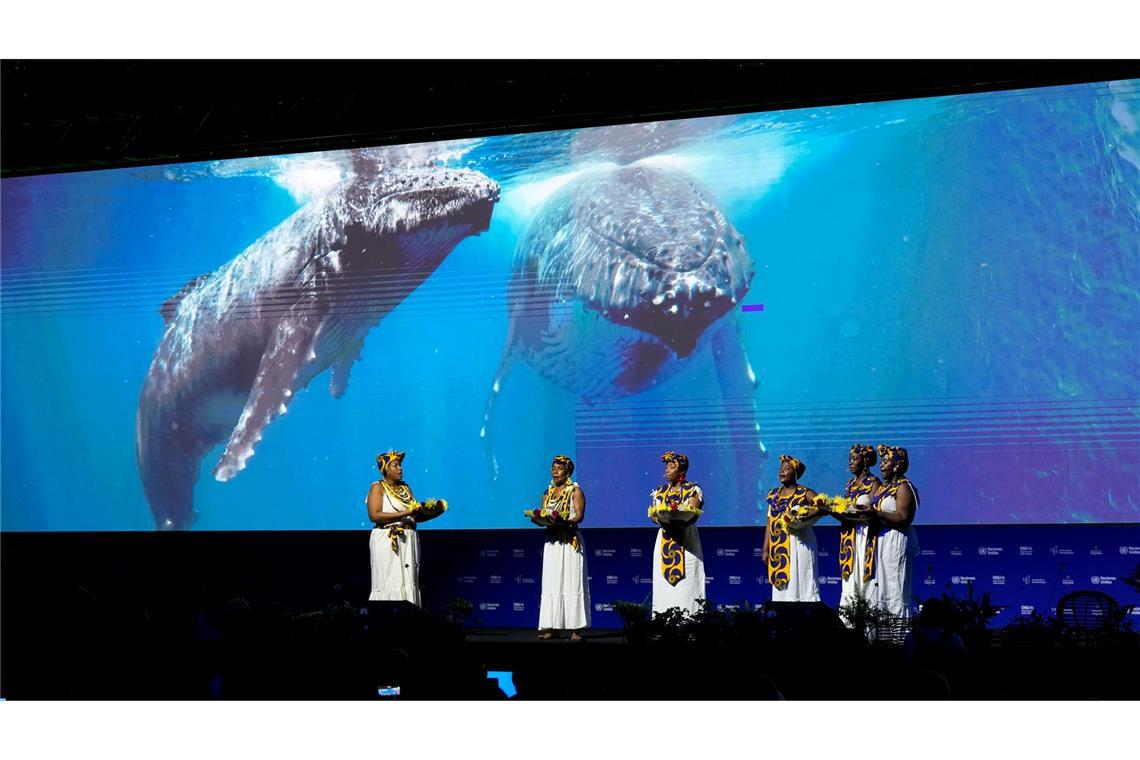 Afrokolumbianische Frauen stehen bei der Eröffnungszeremonie der COP16, der Konferenz der Vereinten Nationen zum Thema Biodiversität, im kolumbianischen Cali auf der Bühne.