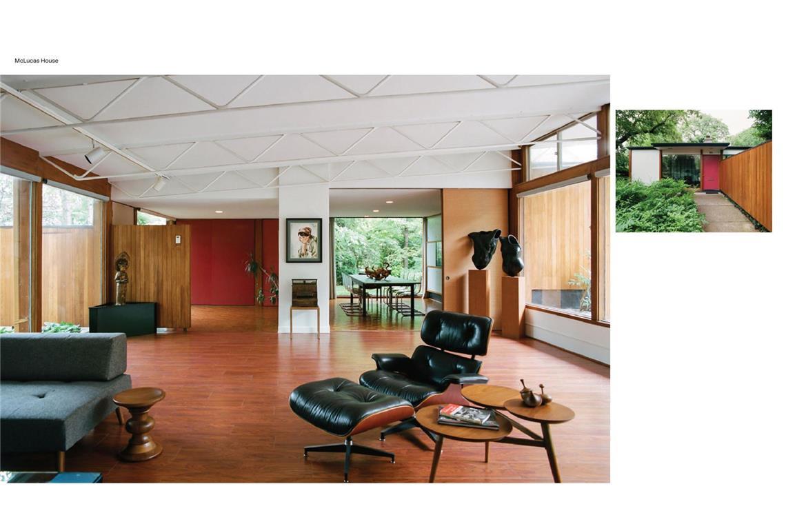 Alexander Girards „Mc Lucas House“ von 1950 in Grosses Pointe Farms bei Detroit, USA,  mit Eames Lounge Chair. Es ist das einzige erhaltene Haus des Architekten und Designers.