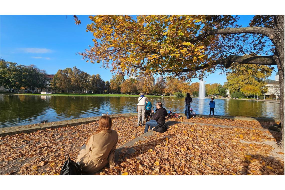 Am Eckensee in Stuttgart genießen die Menschen das schöne Herbstwetter.