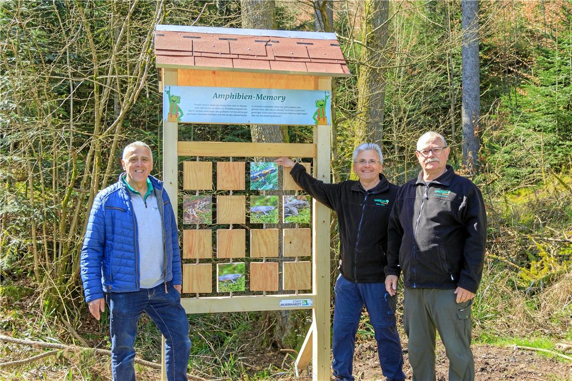 Amphibien erinnern: Günter Kühnle und Naturparkführer Walter Hieber sowie Manfred Krautter (von links) beim Memoryspiel.Foto: Stefan Bossow