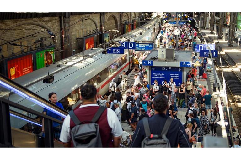 An Bahnsteigen für den Fernverkehr des Hamburger Hauptbahnhofs stehen zahlreiche Fahrgäste. Die Menschen in Deutschland fahren nach einer Statistik wieder mehr Zug.