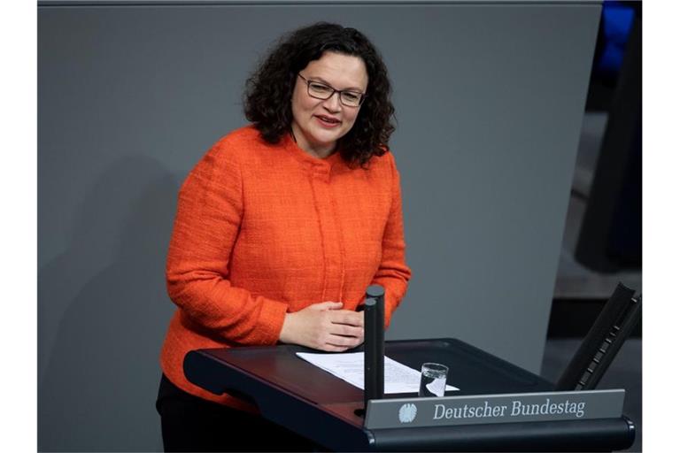 Andrea Nahles, Vorsitzende der SPD-Bundestagsfraktion, spricht in der Plenarsitzung. Foto: Bernd von Jutrczenka