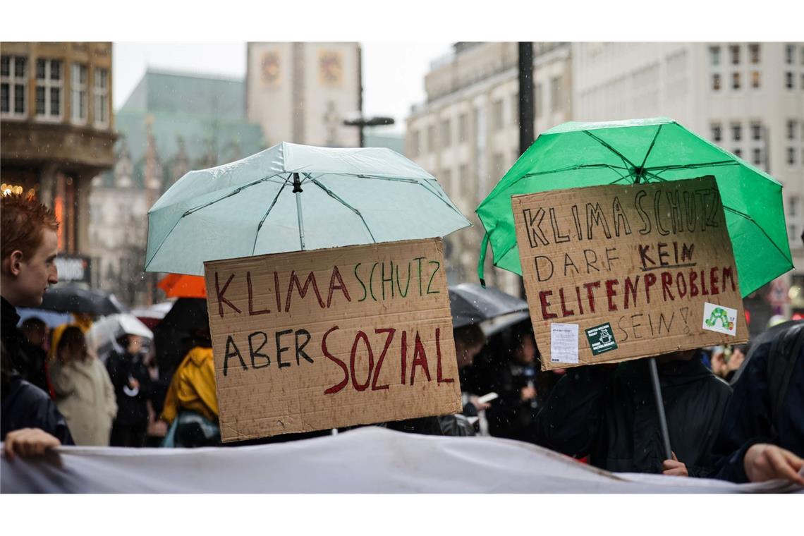 Anhänger der Klimabewegung Fridays for Future demonstrieren auf der Mönckebergstraße in der Hamburger Innenstadt. Auf ihren Plakaten fordern sie etwa sozialen Klimaschutz.