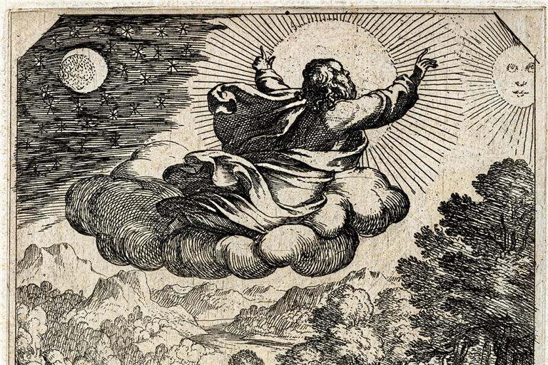 Antonio Tempesta „Die Erschaffung von Sonne, Mond und Sternen“. Die Radierung ist Anfang des 17. Jahrhunderts entstanden. Gottvater erschafft von einer Wolke aus nach und nach die Welt. Das Blatt ist Teil einer Folge von zwölf Radierungen zur Schöpfungsgeschichte.