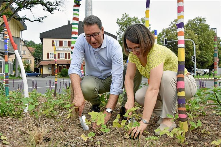 Auch Landrat Richard Sigel und Bürgermeisterin Patrizia Rall bringen sich beim Bepflanzen der Grüninsel ein. Foto: Tobias Sellmaier