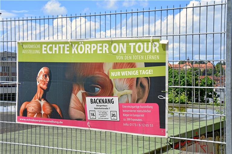 Auf dem Plakat der Ausstellung „Echte Körper“ werden viele Versprechungen gemacht, die laut Besuchern nicht eingehalten werden. Dem Fotografen wurde der Zugang vom Veranstalter verweigert.Foto: Tobias Sellmaier