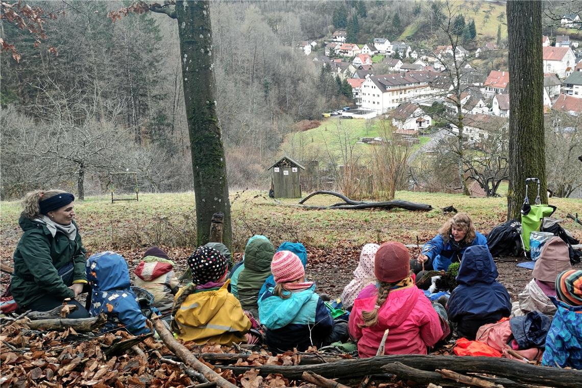 Auf der „Vogelterrasse“ lauschen die Kinder gespannt, was Erzieherin Christiane Wanning erzählt. Fotos: privat 