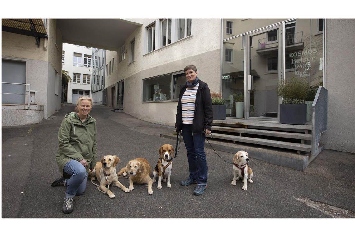 Auf zur Gassi-Runde: Hilke Heinemann(links)  mit ihren Golden Retrievern Amber und Merte sowie Alice Rieger mit Golden Beagle Matze  und Nelson vor der Kosmos-Zentrale in Stuttgart