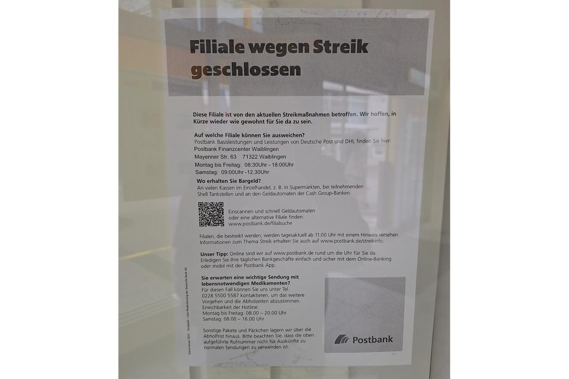 Aufgrund des Streiks konnten gestern in der Postbank-Filiale in Backnang keine Pakete abgeholt werden. Foto: privat