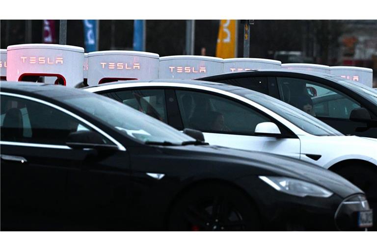 Autos stehen an den Säulen einer Tesla-Ladestation (Archivbild).