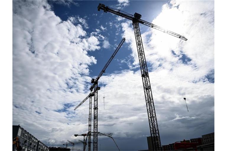 Baukräne ragen in den Himmel. Foto: Britta Pedersen/dpa-Zentralbild/dpa/Symbolbild