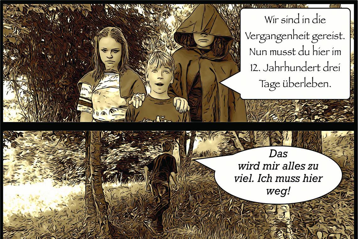 Bei einem Kunstprojekt haben Siebtklässler über Fotos auf dem Schulgelände eine Comicerzählung als Fortsetzungsgeschichte des Zauberlehrlings geschaffen. Grafik: HvZG