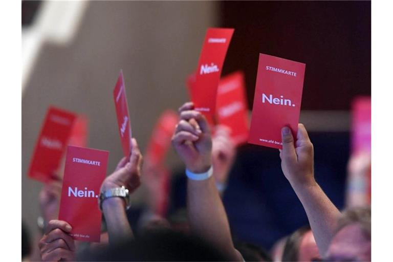 Beim 14. Landesparteitag der AfD Baden-Württemberg werden rote Stimmkarten mit der Aufschrift „Nein“ in die Höhe gehalten. Foto: Uli Deck