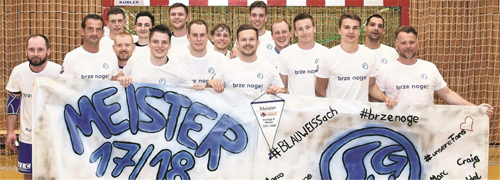 Bejubelten die Meisterschaft in der Kreisliga B und den Aufstieg (von links): Die SGW-Handballer Julian Göhner, Markus Kaumeyer, Maxi Voigt, Christian Knoll, Joscha Siegel, Marco Pfauser, Julius Watzek, Fabrice Weirich, Sven Ilse, Spielertrainer Marco Dutenstädter, Manuel Nick, Benedikt Pollak, Maximilian Hirth, Michael Wertenauer, Joey Barkaszi und Craig Tigges. Foto: T. Sellmaier