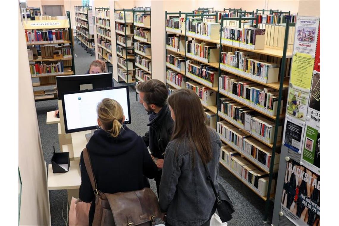Bibliotheken spüren Versuche der Beeinflussung Besucher einer Stadtbibliothek informieren sich an einem Computer. Foto: Bernd Wüstneck/dpa-Zentralbild/dpa/Illustration