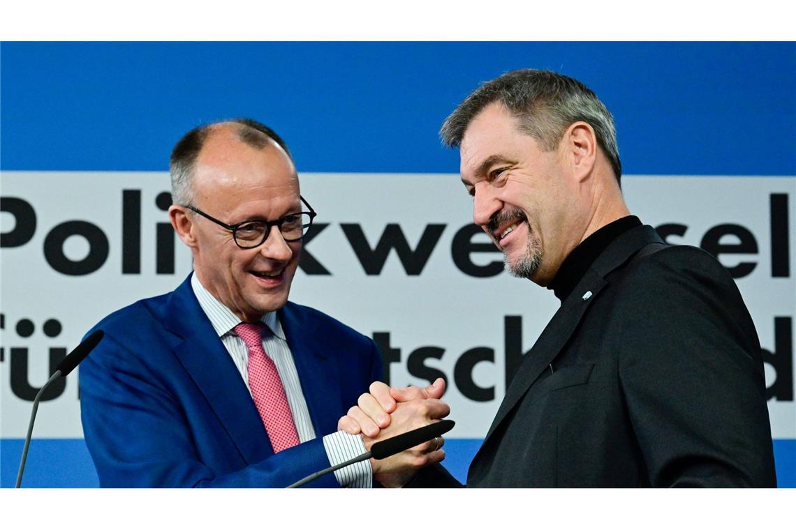 Betont geschlossen: CDU-Chef Friedrich Merz (li.) und der CSU-Vorsitzende Markus Söder