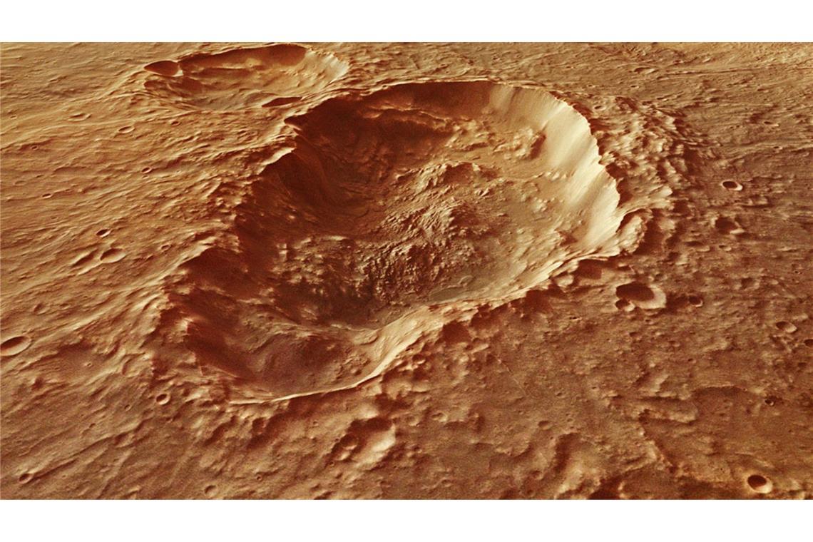 Blick auf einen Einschlagskrater im Gebiet Terra Sirenum auf dem Mars. Dort könnte es in der Frühzeit des Mars heiße Quellen gegeben haben, wie Mineralkörnchen in einem Marsmeteoriten nahelegen.