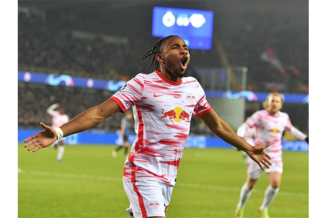 Starke Leipziger Notelf wahrt Chance auf Europa League Christopher Nkunku jubelt nach seinem Tor zur 1:0-Führung in Brügge. Foto: Bernd Thissen/dpa