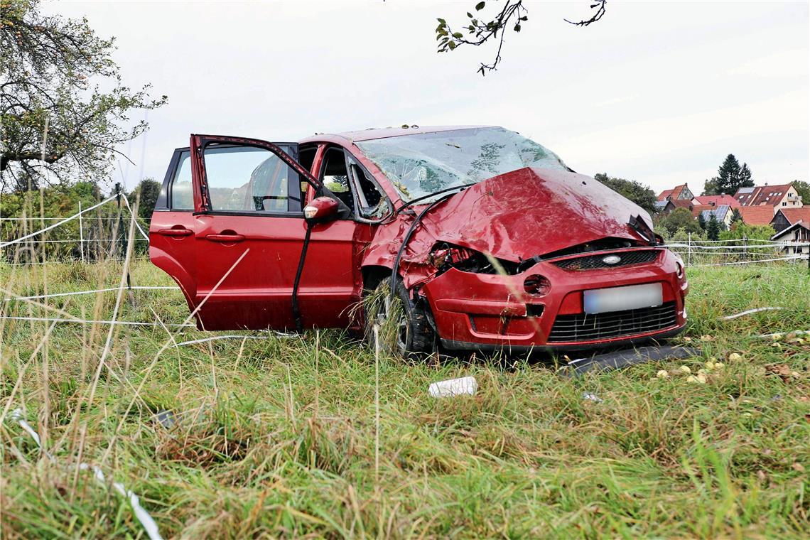 Das Auto überschlug sich mehrmals und kam auf einer Pferdekoppel zum Stehen. Foto: 7aktuell.de/Kevin Lermer 