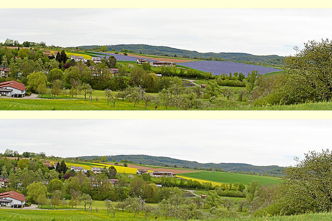 Das Foto und die Visualisierung zeigen, wie das Gelände heute aussieht (unten) und wie der Solarpark in den Hutzelgärten aussehen könnte (oben). Foto: Juwi AG