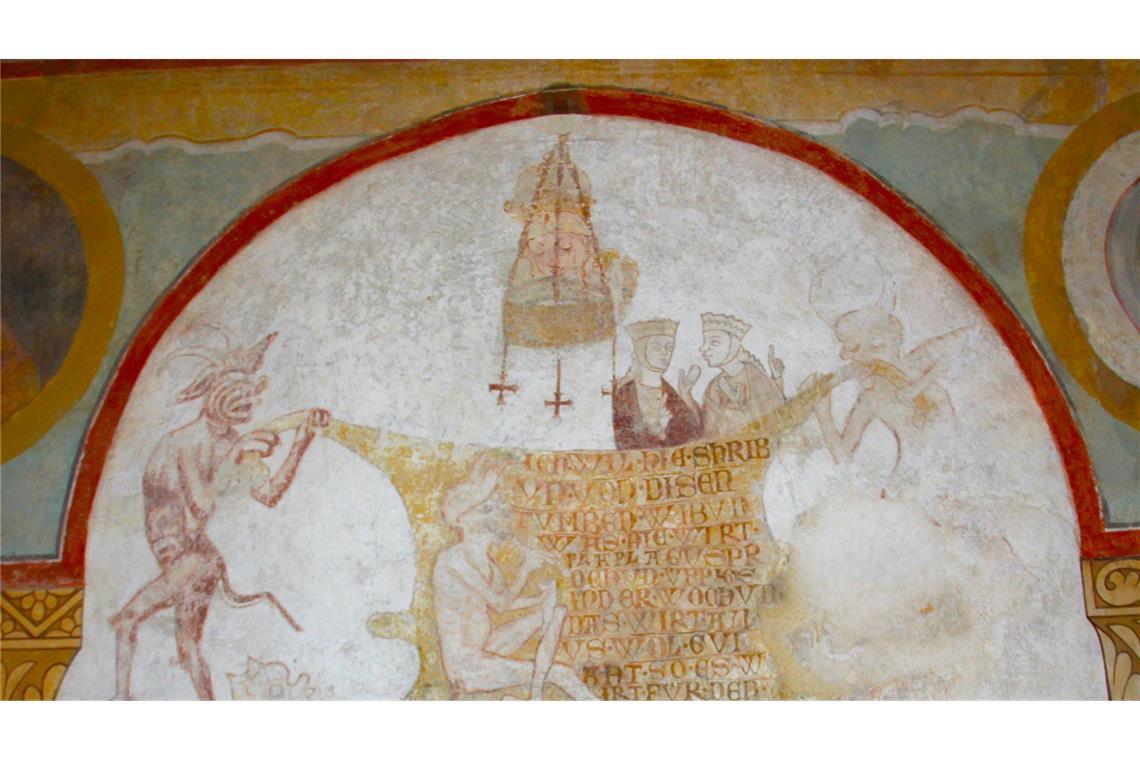 „Das geht auf keine Kuhhaut“: Diese Wandmalerei in der Kirche St. Georg auf der Reichenau illustriert ein bekanntes Sprichwort.