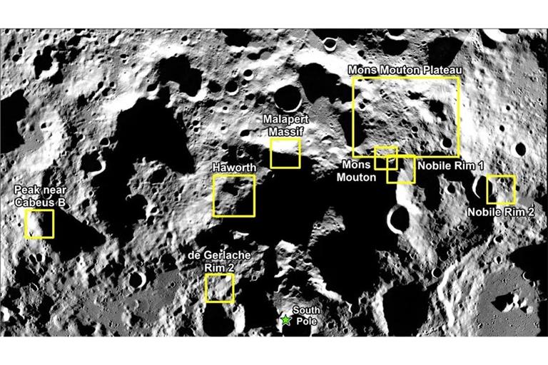 Das Hintergrundbild des Geländes des Mondsüdpols innerhalb der neun Regionen ist ein Mosaik aus LRO (Lunar Reconnaissance Orbiter).