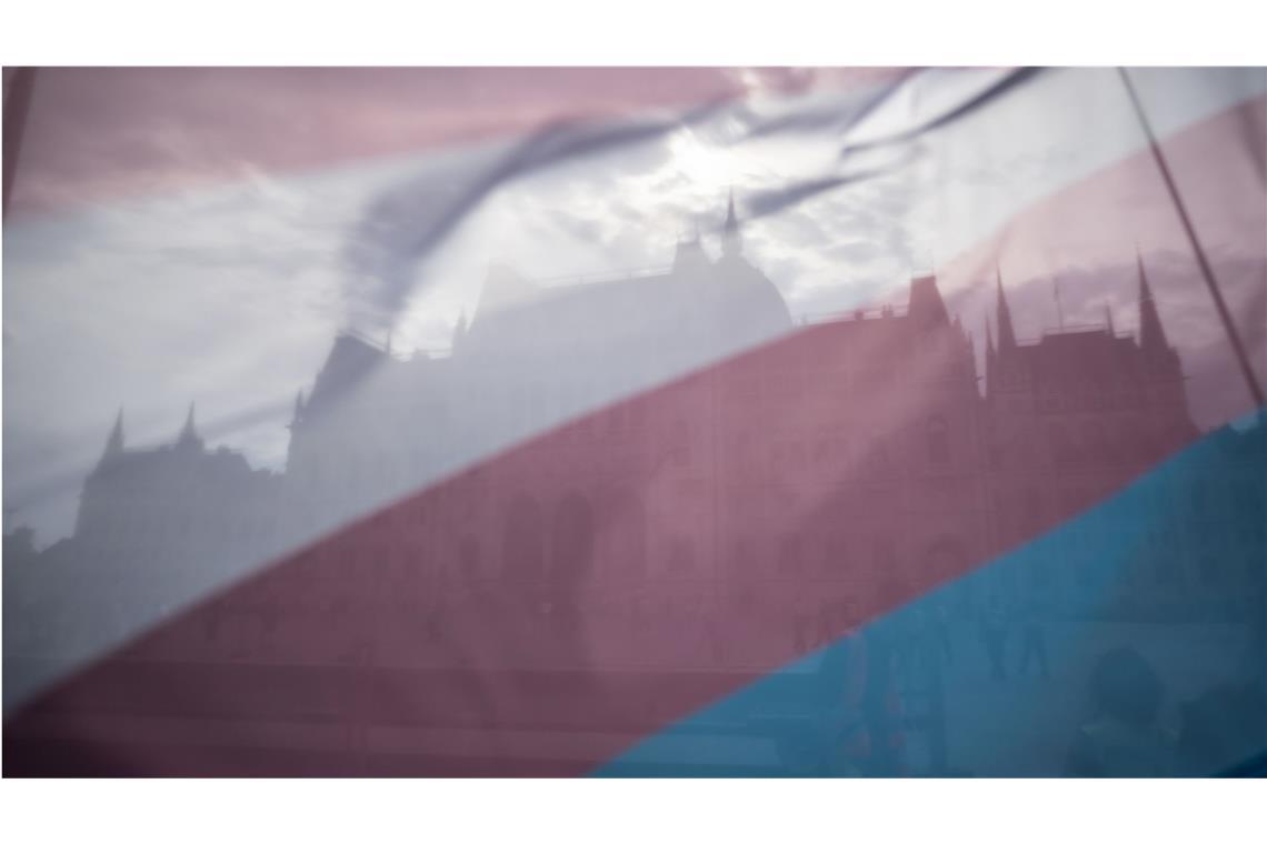 Das ungarische Parlamentsgebäude ist durch eine Transgender-Flagge während des Trans Pride Marsches zu sehen.