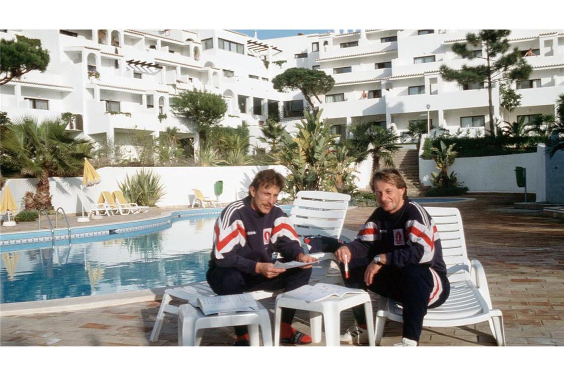 Daum und Köstner 1991 während eines  Trainingslagers in Portugal