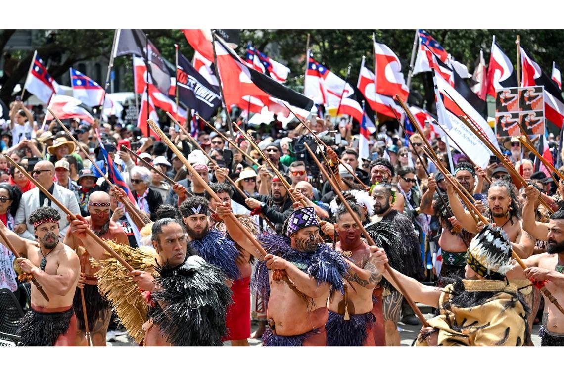 Demonstranten tragen die traditionelle Kleidung der indigenen Bevölkerung und präsentieren die Maori-Flagge,