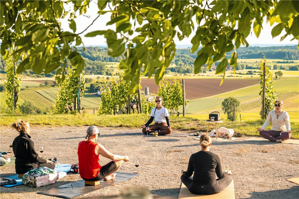 Der Blick schweift in die Ferne – oder zum Weinglas vor der Yogamatte. Bei diesem außergewöhnlichen Yogakurs schließt das eine das andere nicht aus. Foto: Alfred Späth