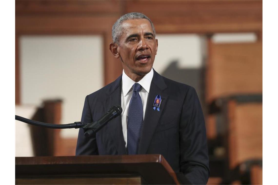 Trump nach Wahl-Vorstoß: „Will keine Verschiebung“ Der ehemalige US-Präsident Barack Obama spricht bei der Trauerfeier für den verstorbenen Bürgerrechtler John Lewis in Atlanta. Foto: Alyssa Pointer/Pool Atlanta Journal-Constitution/AP/dpa