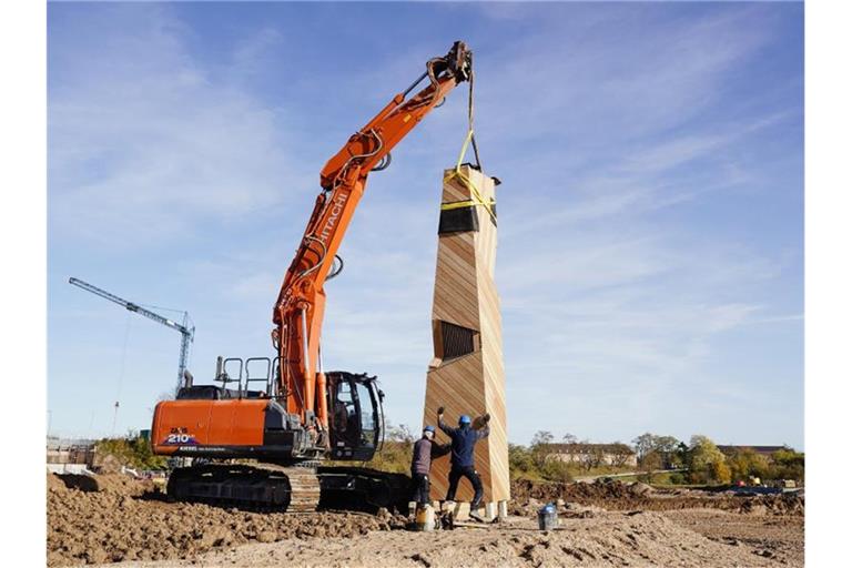 Der Fledermaus-Turm wird mit Hilfe eines Baggers in Position gebracht. Foto: Uwe Anspach/dpa