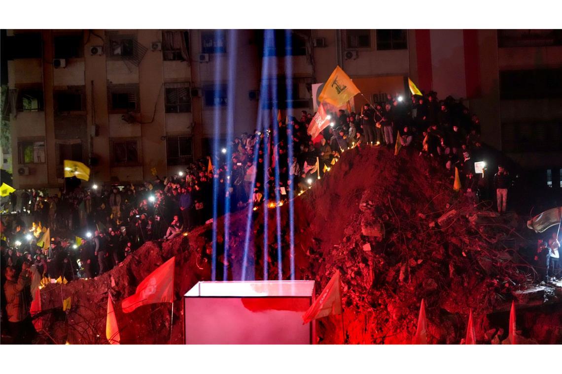 Der frühere Standort des Hauptquartiers der Hisbollah im Viertel Haret Hreik dürfte mit der Gedenkveranstaltung an Nasrallah bereits zu einer Art Schrein geworden sein.