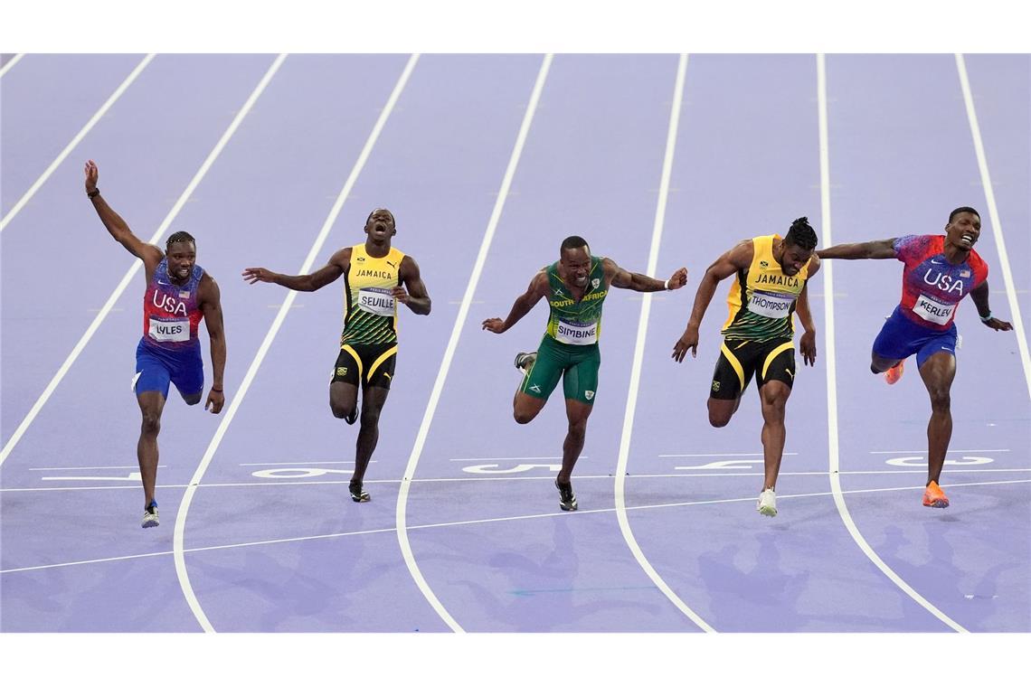 Der knappe Zieleinlauf im 100-Meter-Finale bei Olympia.