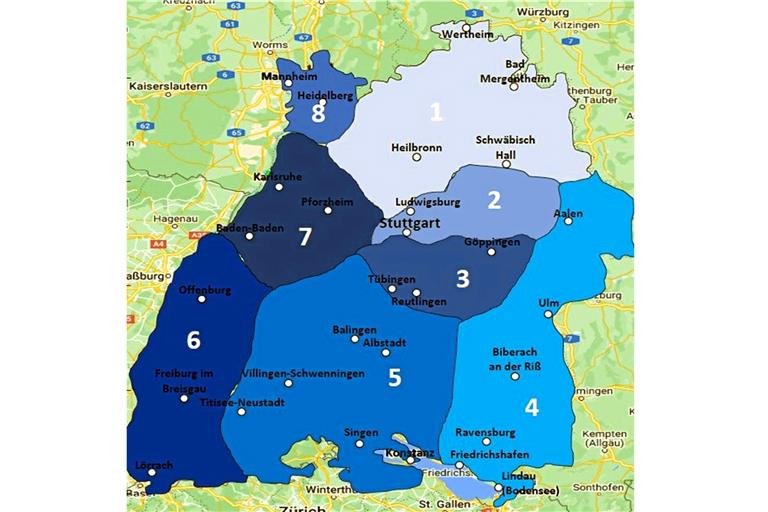 Der künftige Bezirk 2 verlangt dem HCOB, der HSG und der SGW keine allzu weiten Fahrten ab. Grafik: Handballverband Württemberg