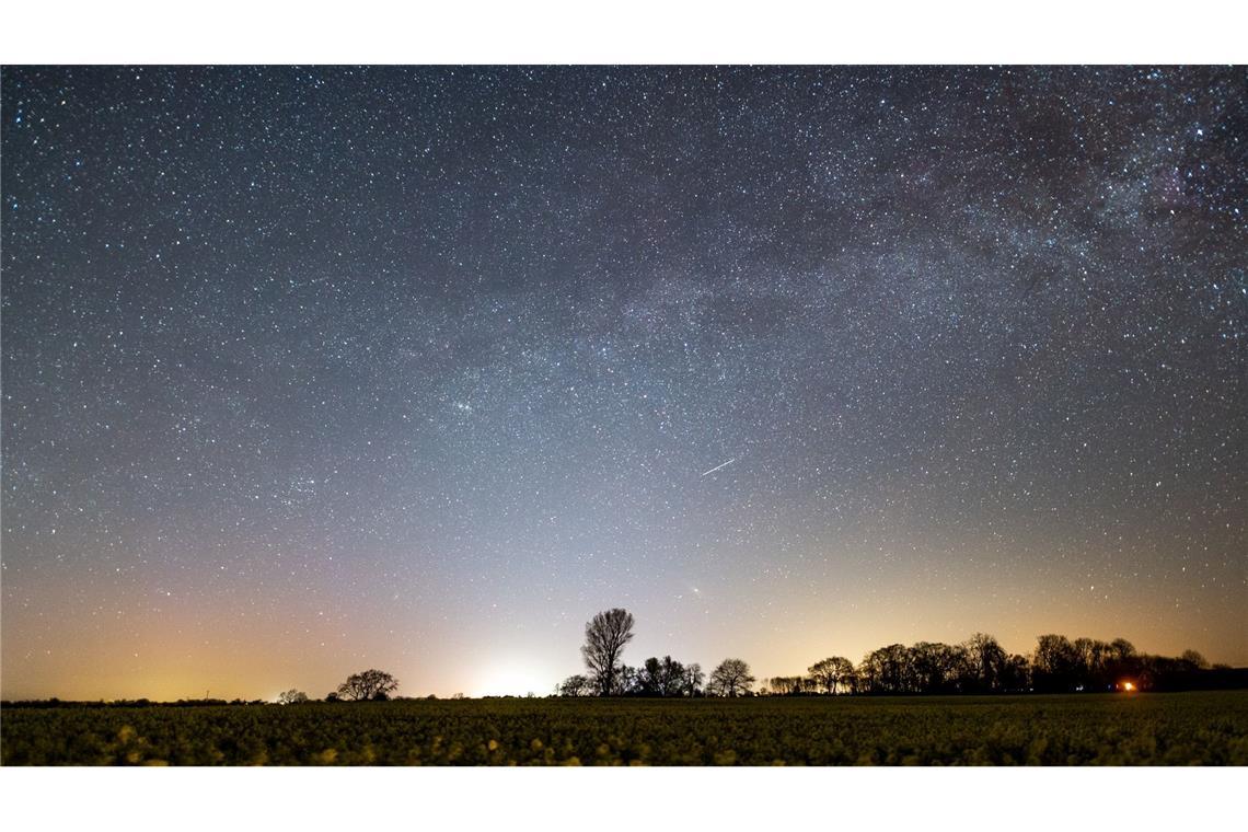 Der Sternenhimmel leuchtet über einem Rapsfeld in Schleswig-Holstein.