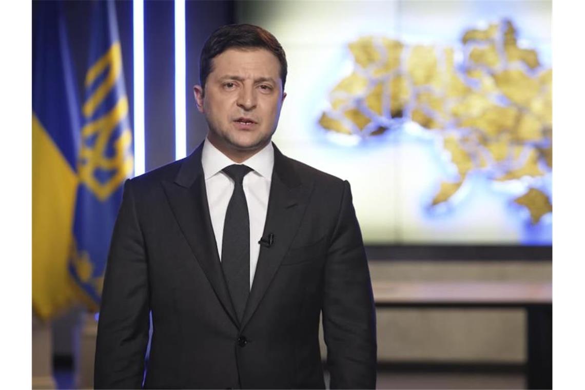 Selenskyj fordert in eindringlichem Appell EU-Mitgliedschaft Der ukrainische Präsident Wolodymyr Selenskyj. Foto: Uncredited/Ukrainian Presidential Press Office via AP/dpa