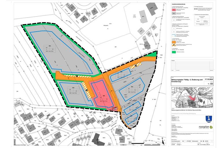 Der Vorentwurf sieht ein eingeschränktes Gewerbegebiet (graue Flächen), ein allgemeines Wohngebiet (rote Fläche) und neue Verkehrswege (orange) vor. Grün hinterlegt sind Grünflächen, orange schraffiert Parkplätze. Die Erweiterung umfasst den gesamten linken Teil des umrandeten Areals. Das Gebiet rechts der orangen Fläche besteht schon. Plan: Büro Roosplan