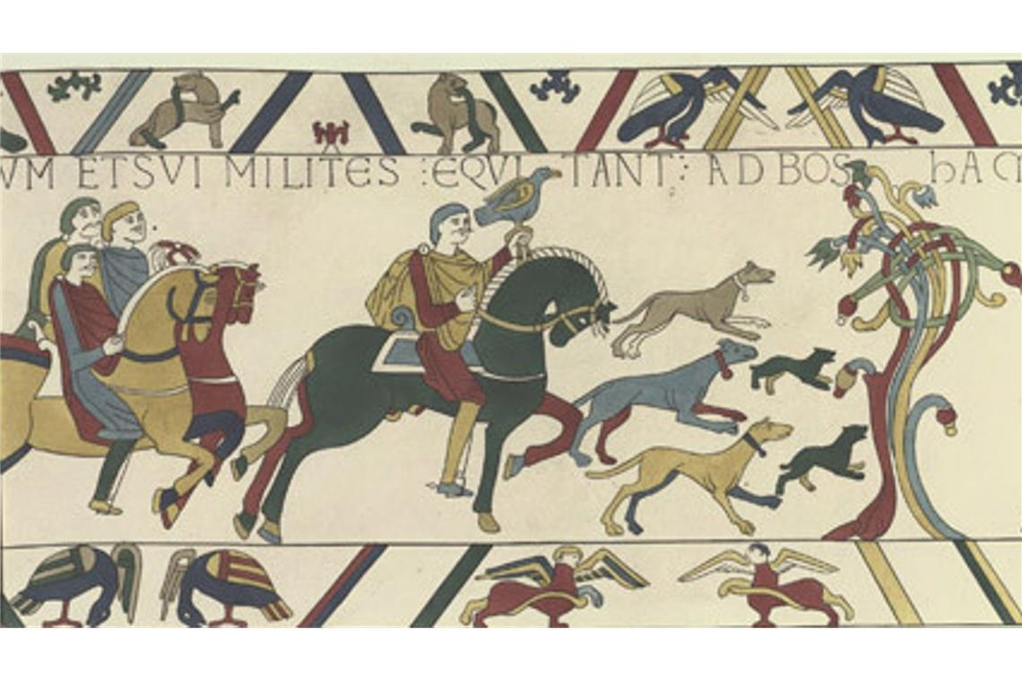 Der Wandteppich von Bayeux zeigt König Harald II. beim Reiten nach Bosham, wo er die Kirche besucht und in einem Saal feiert, bevor er nach Frankreich aufbricht.