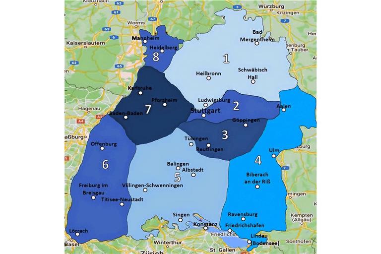 Die acht Bezirke im künftigen Baden-Württembergischen Handballverband. Grafik: HVW