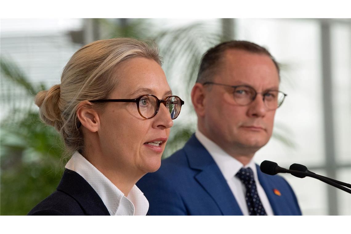 Die AfD-Chefs Alice Weidel (l) und Tino Chrupalla.