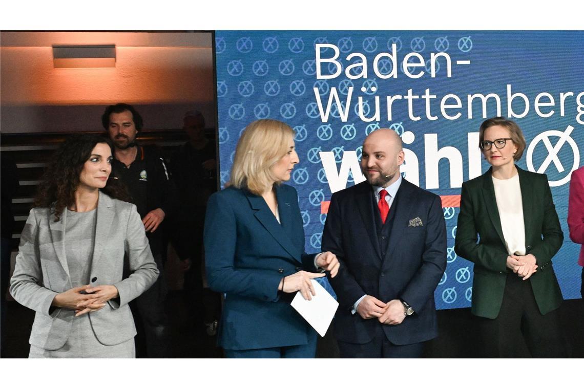 Die baden-württembergischen Spitzenpolitiker der Parteien für die Bundestagswahl, von links:  Jessica Tatti (BSW), Nina Warken (CDU), Markus Frohnmaier (AfD) und Franziska Brantner (Bündnis 90/Die Grünen)