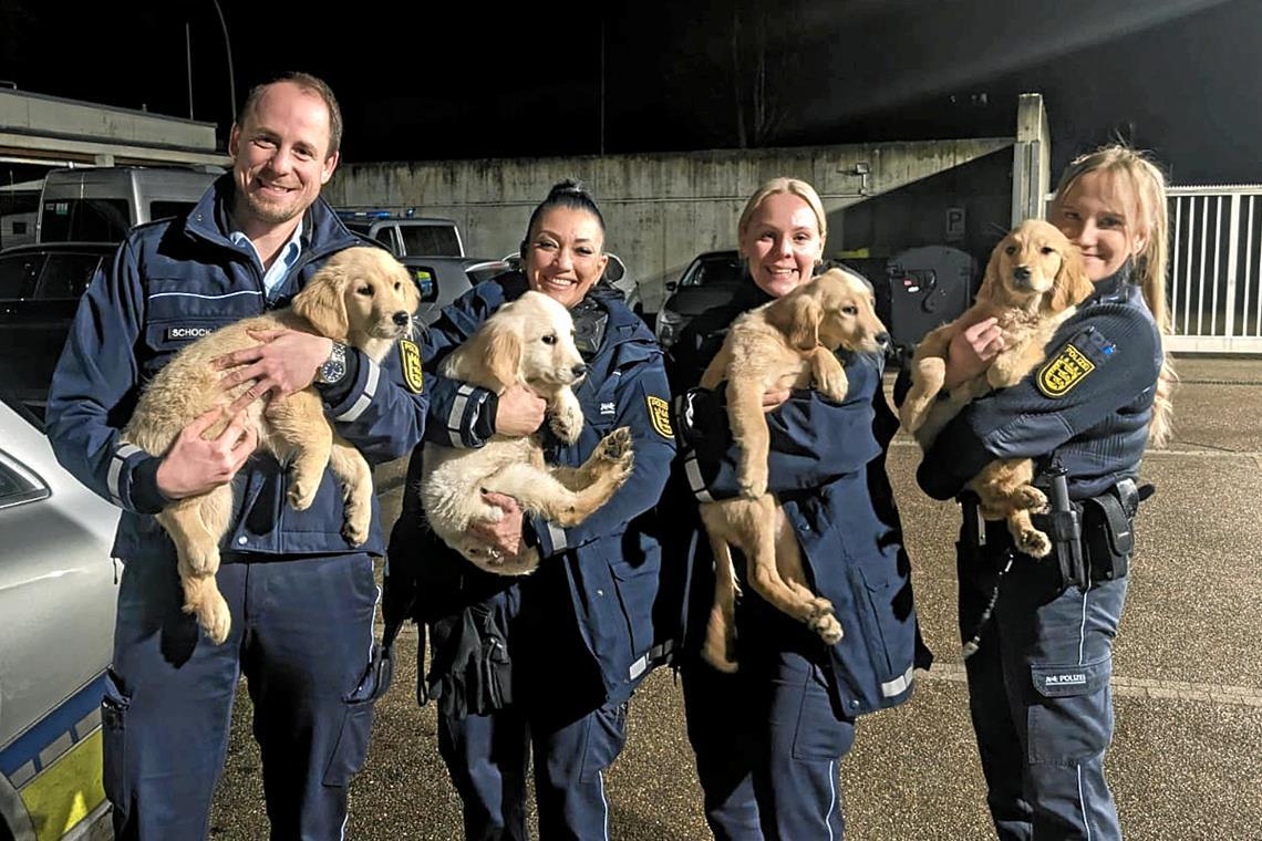 Die Beamten scheinen ganz entzückt von den Hundewelpen zu sein. (Foto: Polizeipräsidium Aalen)