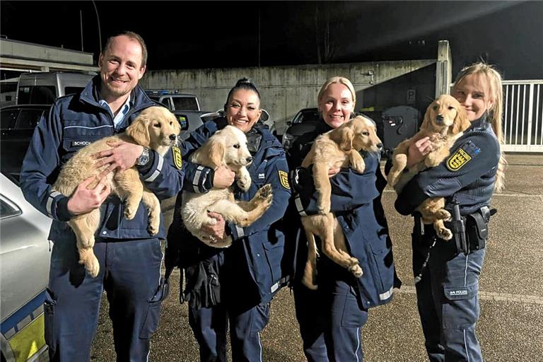 Die Beamten scheinen ganz entzückt von den Hundewelpen zu sein. (Foto: Polizeipräsidium Aalen)