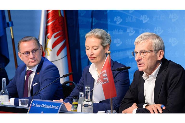 Die Bundesvorsitzenden der AfD, Tino Chrupalla (rechts) und Alice Weidel  sowie die Spitzenkandidat in Brandenburg, Hans-Christoph Berndt (rechts), am Tag nach der Wahl.