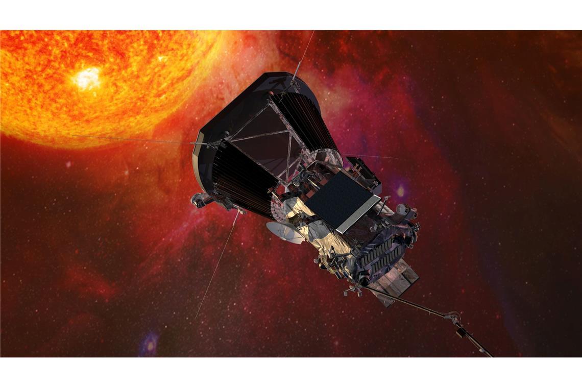 Die Computergrafik zeigt die "Parker Solar Probe"-Sonde der US-Raumfahrtbehörde Nasa auf dem Weg zur Sonne.